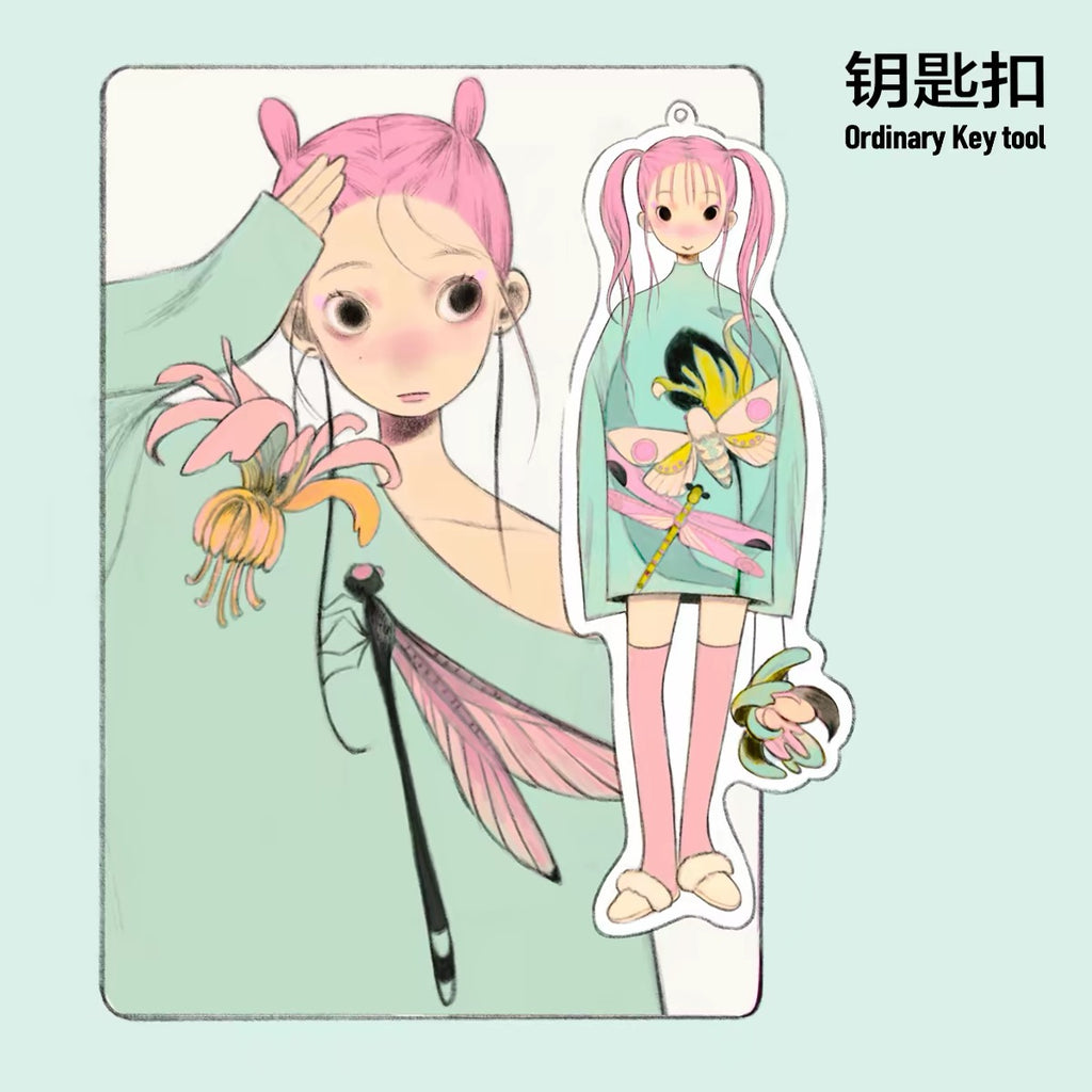 《FufuX 》Pink Hair Girl Acrylic Keychain｜Drip Glaze Bag Charm, Double-Sided Acrylic Card Set