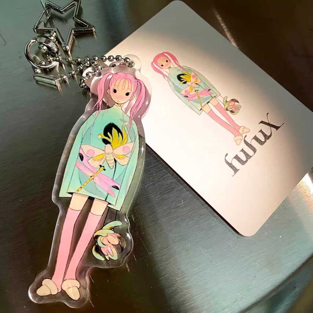 《FufuX 》Pink Hair Girl Acrylic Keychain｜Drip Glaze Bag Charm, Double-Sided Acrylic Card Set