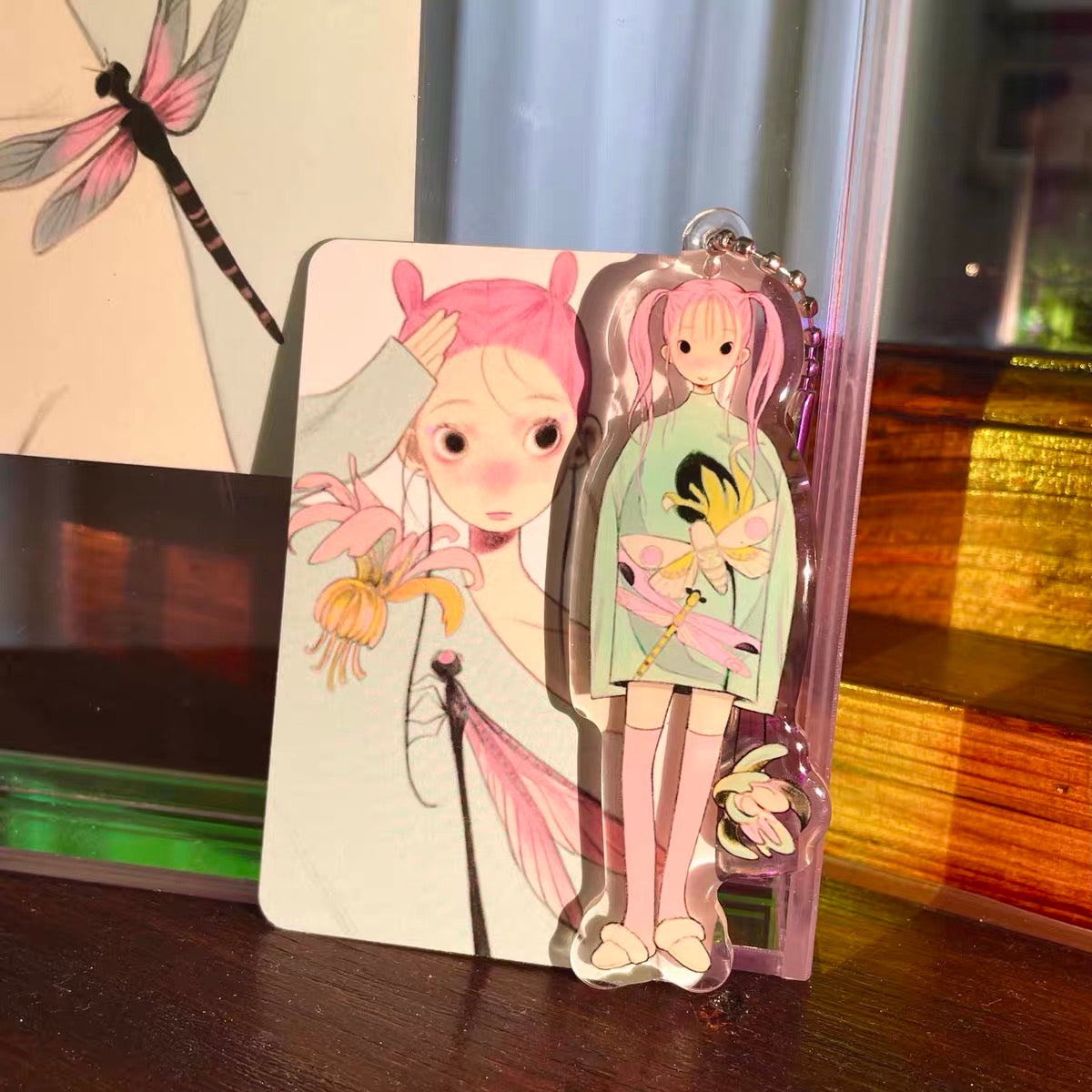 《FufuX 》Pink Hair Girl Acrylic Keychain｜Drip Glaze Bag Charm, Double-Sided Acrylic Card Set
