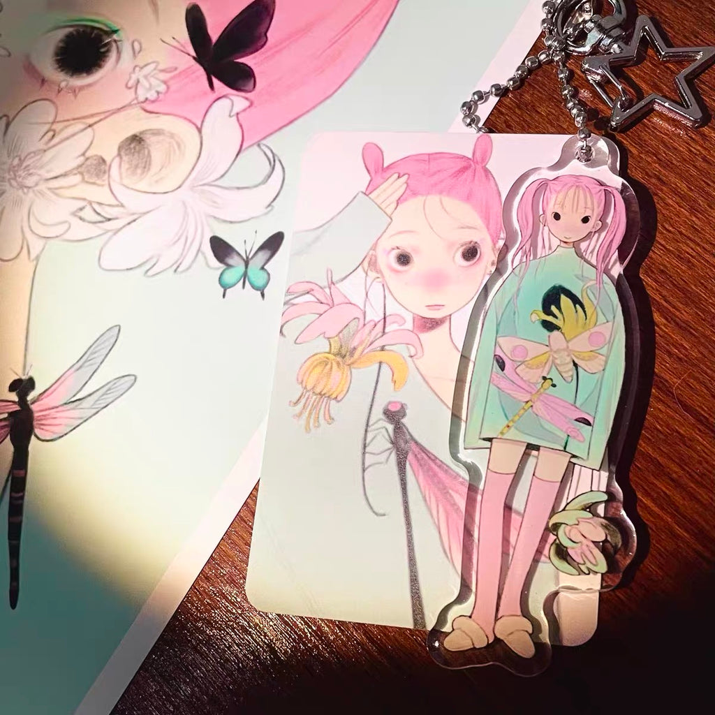 《FufuX 》Pink Hair Girl Acrylic Keychain｜Drip Glaze Bag Charm, Double-Sided Acrylic Card Set