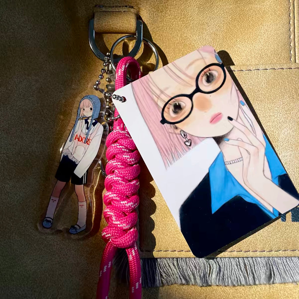 《FufuX 》 Girl With Blue Beanie Acrylic Keychain｜Drip Glaze Bag Charm, Double-Sided Acrylic Card Set