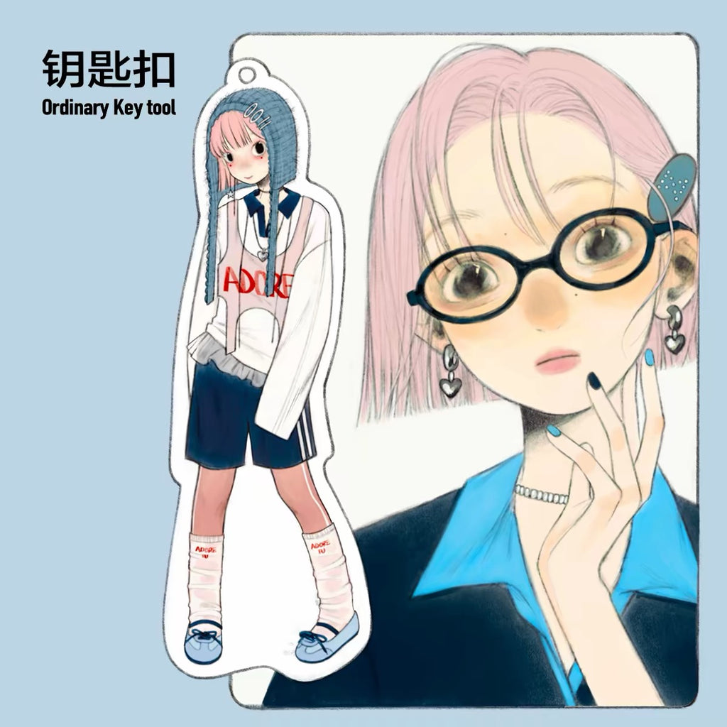 《FufuX 》 Girl With Blue Beanie Acrylic Keychain｜Drip Glaze Bag Charm, Double-Sided Acrylic Card Set