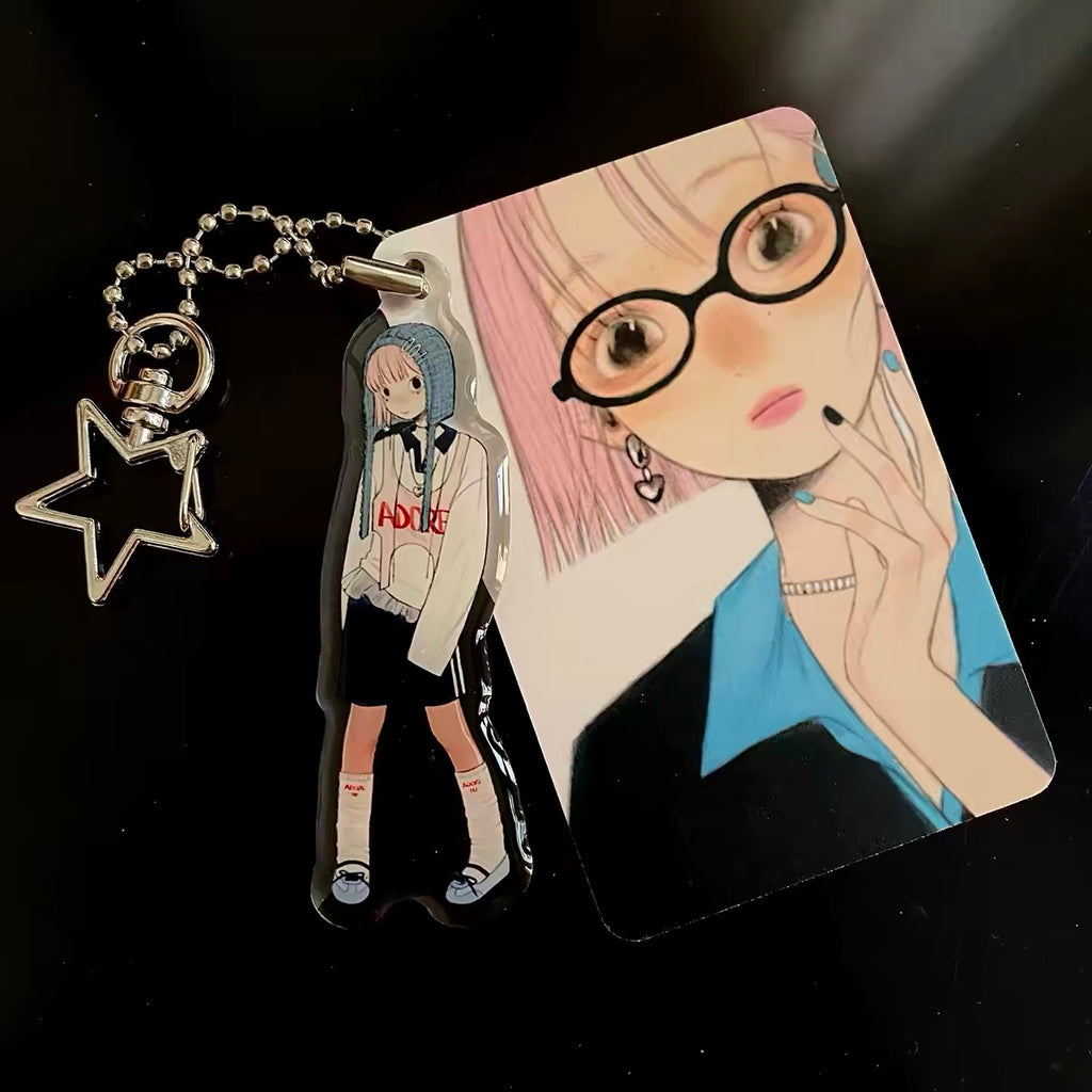 《FufuX 》 Girl With Blue Beanie Acrylic Keychain｜Drip Glaze Bag Charm, Double-Sided Acrylic Card Set