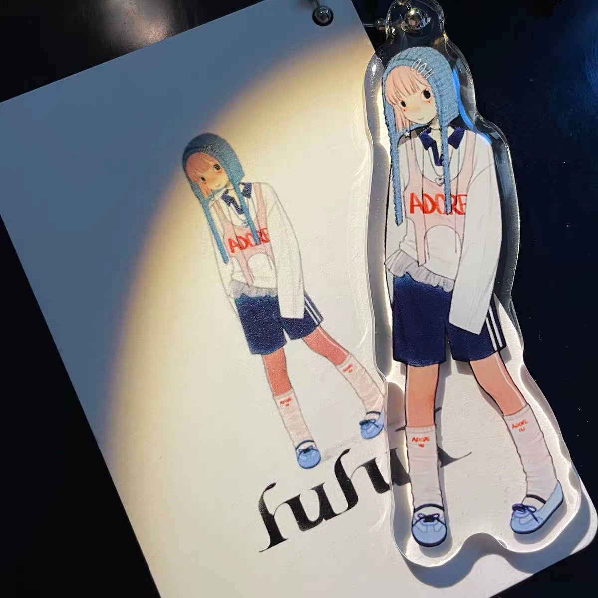 《FufuX 》 Girl With Blue Beanie Acrylic Keychain｜Drip Glaze Bag Charm, Double-Sided Acrylic Card Set