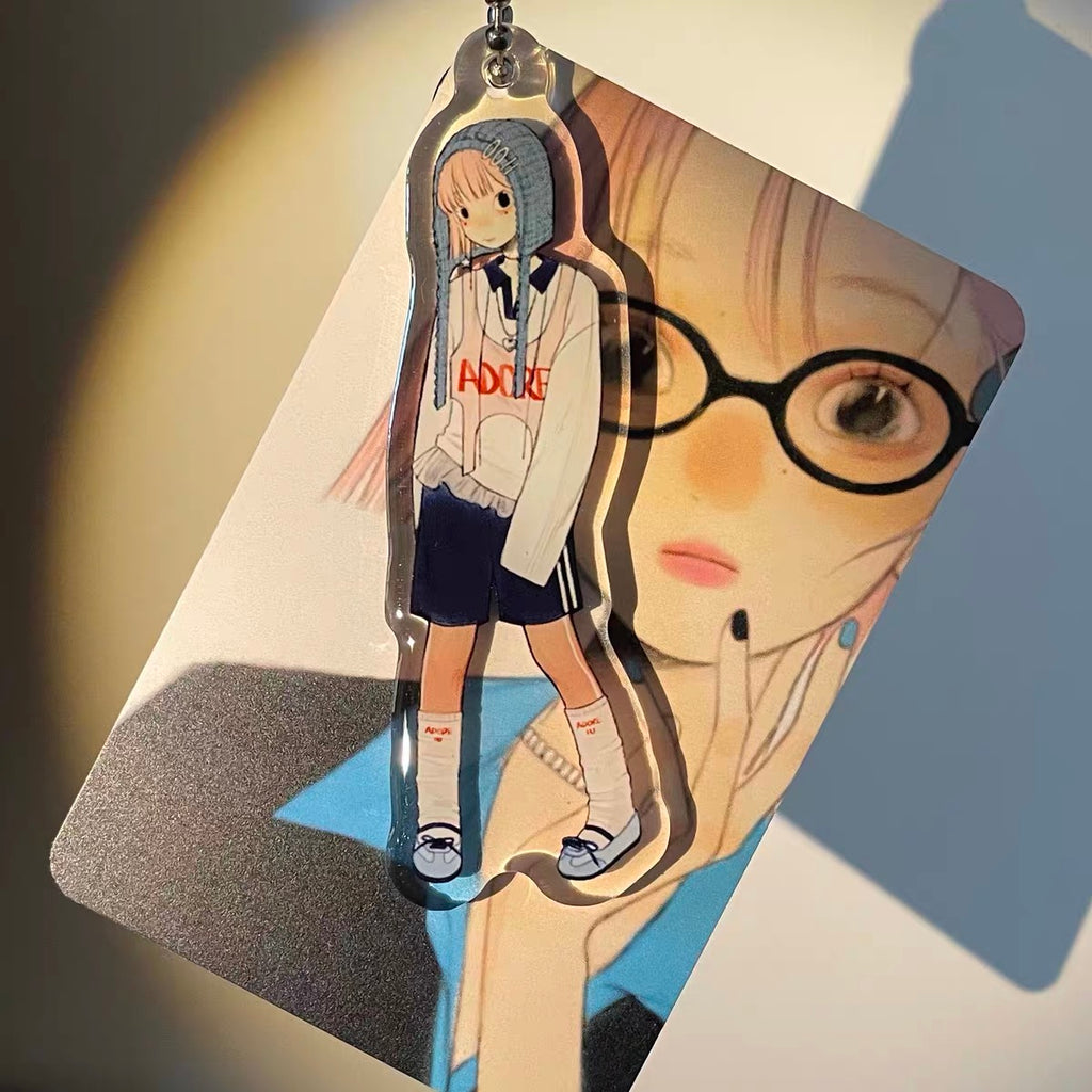 《FufuX 》 Girl With Blue Beanie Acrylic Keychain｜Drip Glaze Bag Charm, Double-Sided Acrylic Card Set