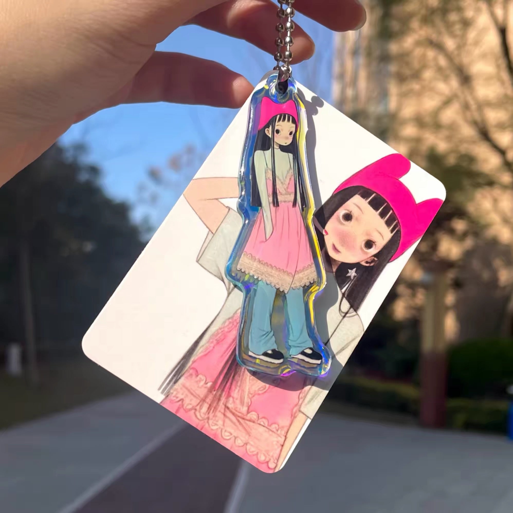 《FufuX》Girl With Pink Hat Acrylic Keychain, Drip Glaze Bag Charm, Double-Sided Acrylic Card Set