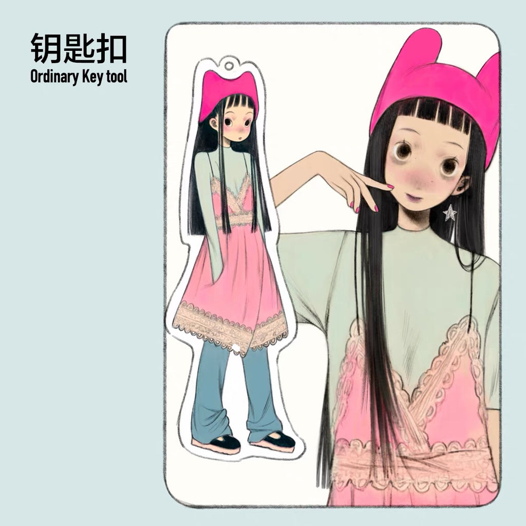 《FufuX》Girl With Pink Hat Acrylic Keychain, Drip Glaze Bag Charm, Double-Sided Acrylic Card Set