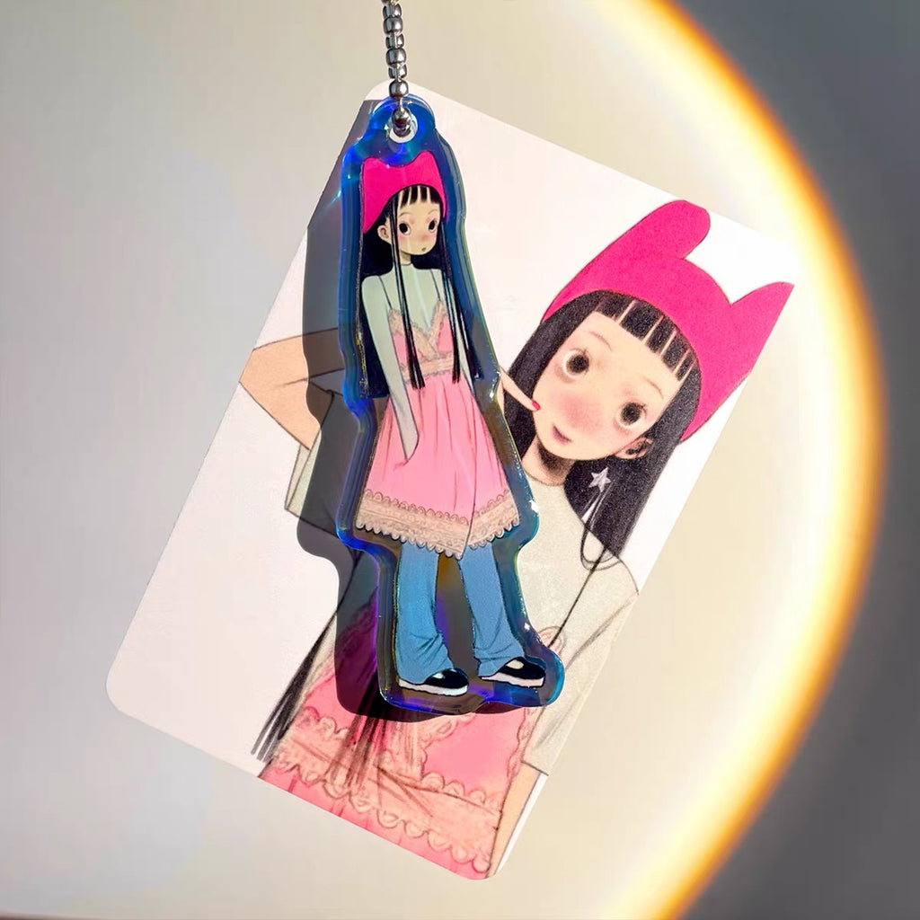 《FufuX》Girl With Pink Hat Acrylic Keychain, Drip Glaze Bag Charm, Double-Sided Acrylic Card Set