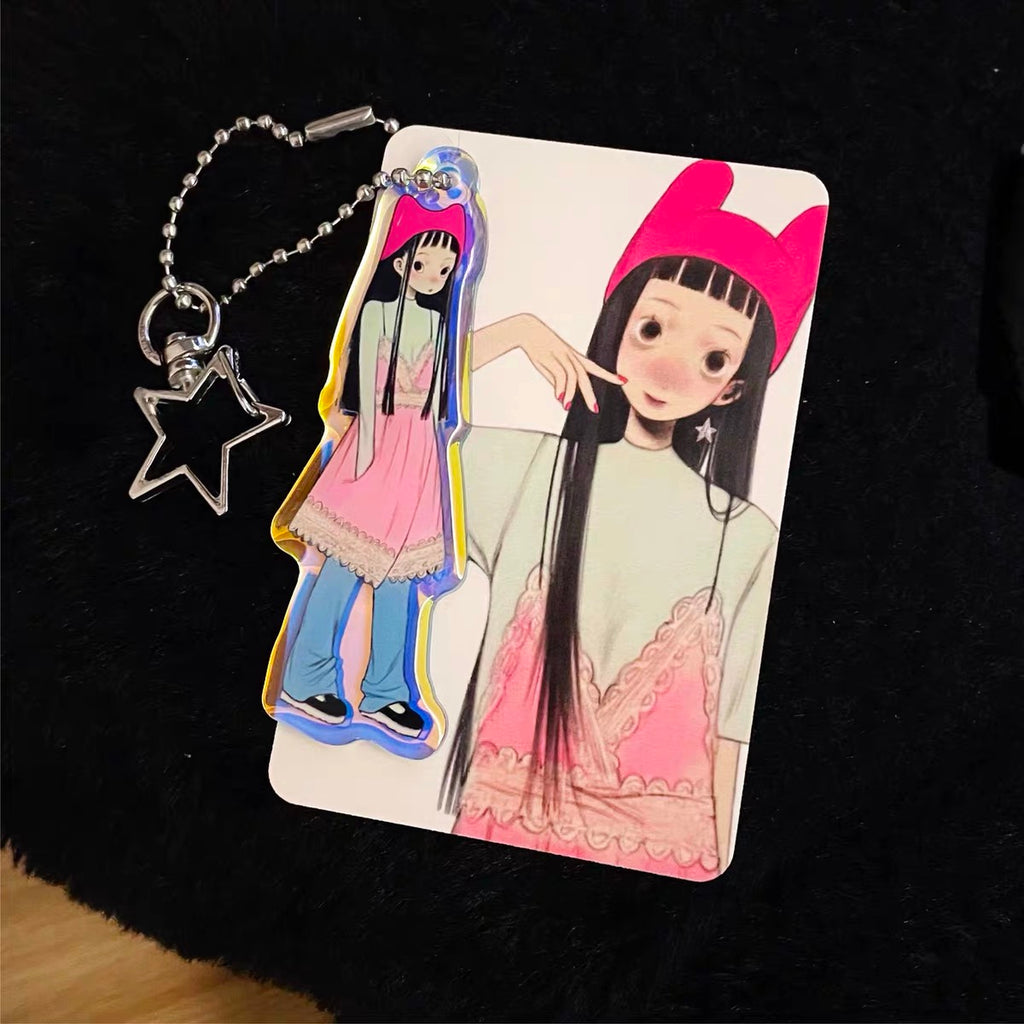 《FufuX》Girl With Pink Hat Acrylic Keychain, Drip Glaze Bag Charm, Double-Sided Acrylic Card Set