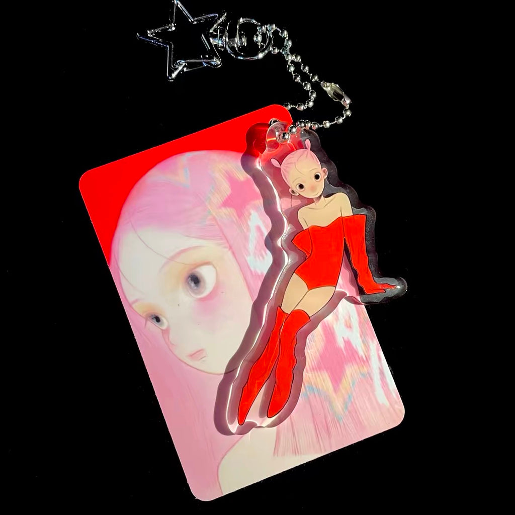 《fufu X》Pink Hair Girl Acrylic Keychain, Drip Glaze Bag Charm Art Accessory