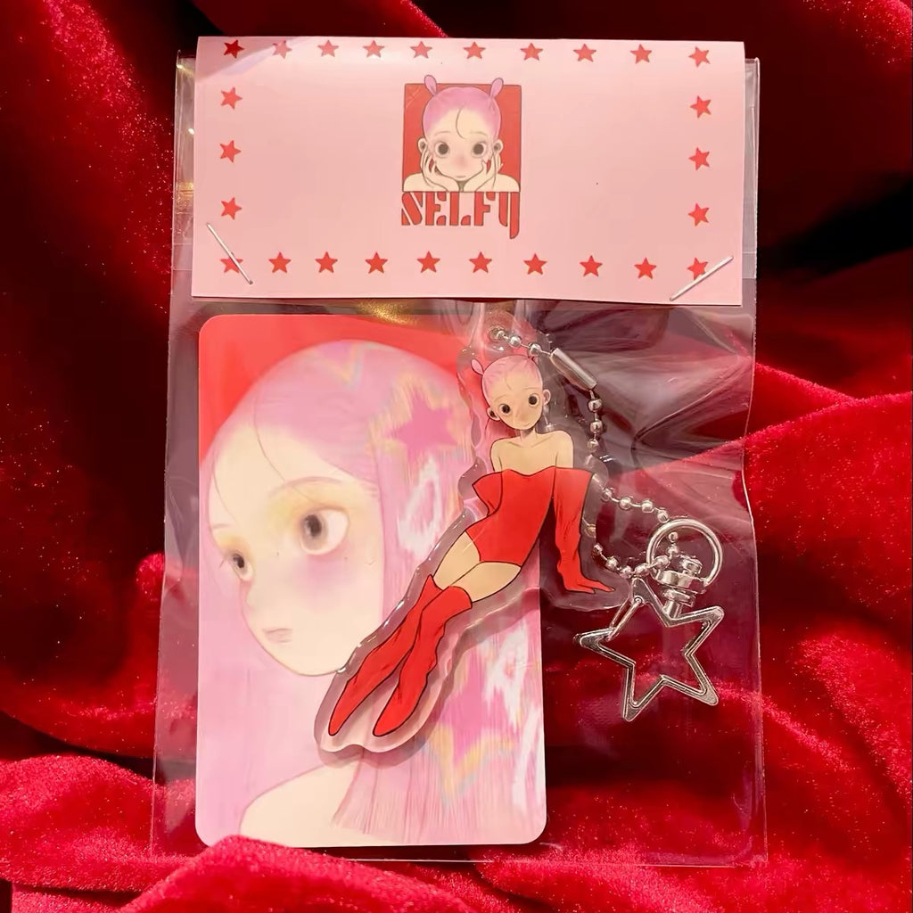 《fufu X》Pink Hair Girl Acrylic Keychain, Drip Glaze Bag Charm Art Accessory