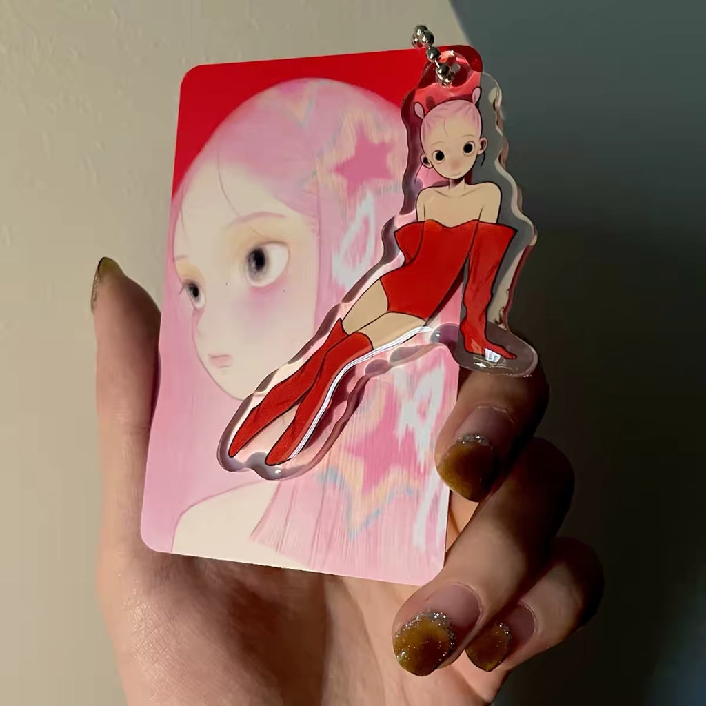 《fufu X》Pink Hair Girl Acrylic Keychain, Drip Glaze Bag Charm Art Accessory